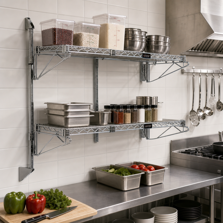 Product image #2 for Quantum Double Shelf Wall-Mount Cantilever Wire Shelving Unit, 72 x 12 Inches
