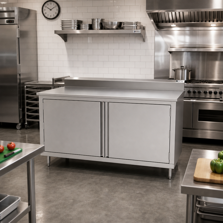 Product image #2 for John Boos Enclosed Stainless Steel Work Table with Cabinet Base, 5-Inch Backsplash, 84 x 24 Inches