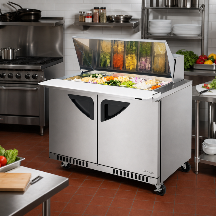 Product image #2 for Turbo Air Super Deluxe 48-1/4-Inch Front Breathing 2-Section Mega Top Sandwich/Salad Prep Table, 18-Pan, Self-Contained R-290