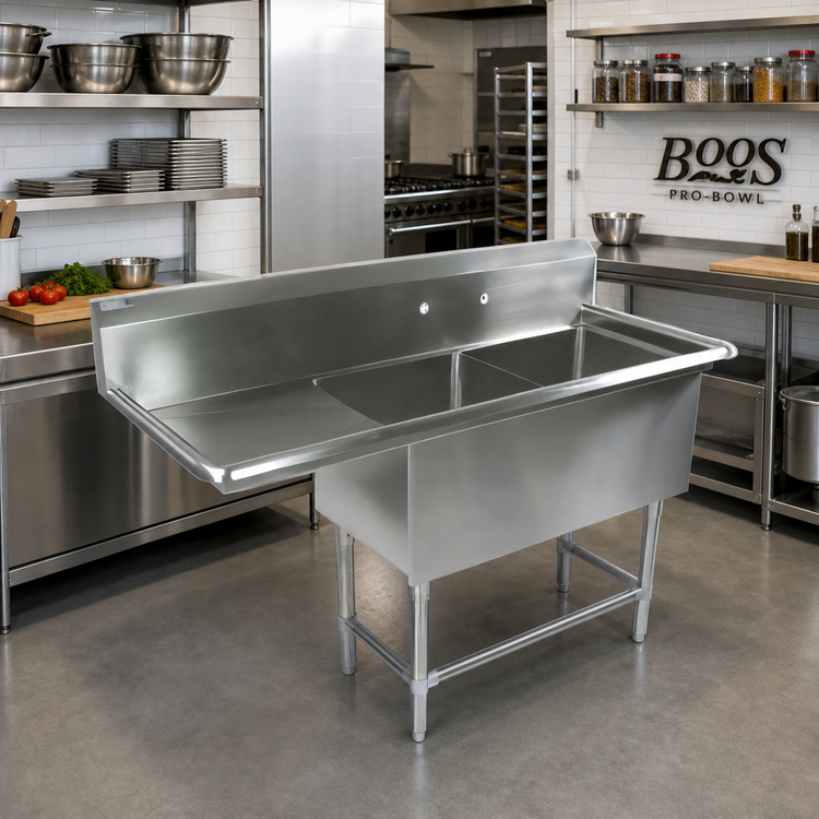 Product image #2 for John Boos Pro-Bowl Floor Model 2-Compartment Stainless Steel Sink with Left Drainboard and 10-Inch Backsplash, 54-3/16 Inch x 25-1/2 Inch x 44-1/16 Inch