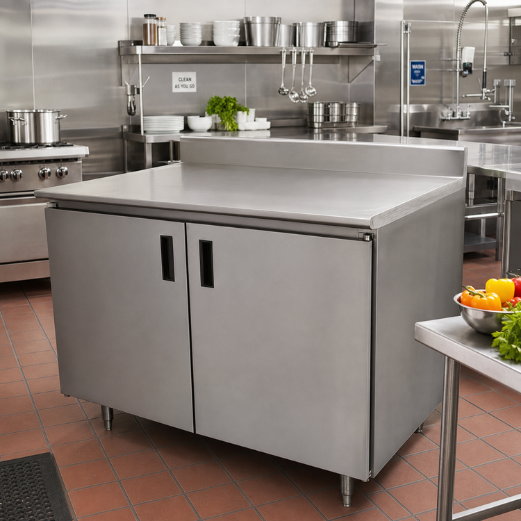 Product image #2 for Advance Tabco Enclosed Work Table, 108 x 24 Inches, Cabinet Base, Mid-Shelf, Hinged Doors, 14-Gauge 304 Stainless Steel Top, 5-Inch Backsplash