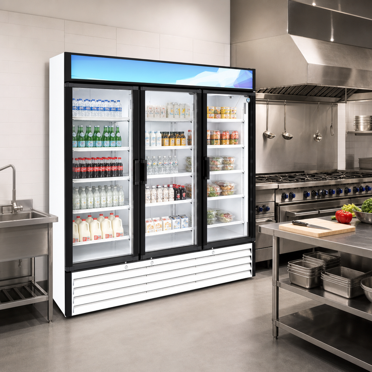 Product image #2 for Hoshizaki RM-65-HC-WHT Three-Section Reach-In Glass Door Refrigerated Merchandiser, 56.04 Cu. Ft., White