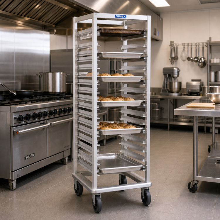 Product image #2 for Dinex Full-Height Mobile Aluminum Open-Sided Pan Rack with Universal Slides, Holds 22 12 x 20 or 11 18 x 26 Pans