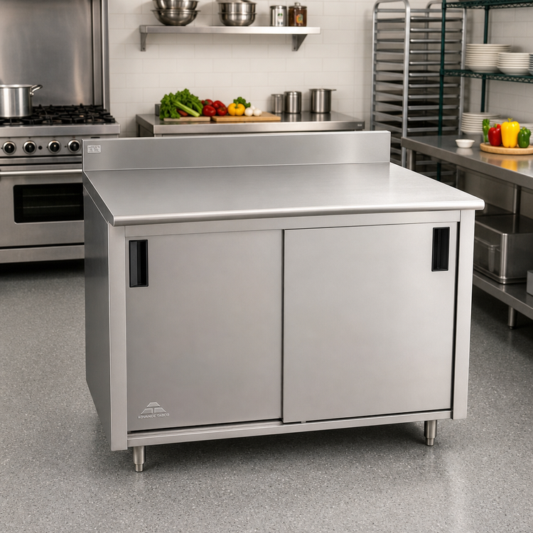 Product image #2 for Advance Tabco CK-SS-305M Enclosed Stainless Steel Work Table, 60 x 30 Inches, with Sliding Doors, Mid-Shelf, and 5 Inch Backsplash