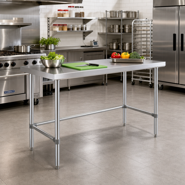 Product image #2 for Sapphire 60-Inch x 18-Inch 18-Gauge 430 Stainless Steel Flat Top Work Table with Beveled Square Edge and Open Base