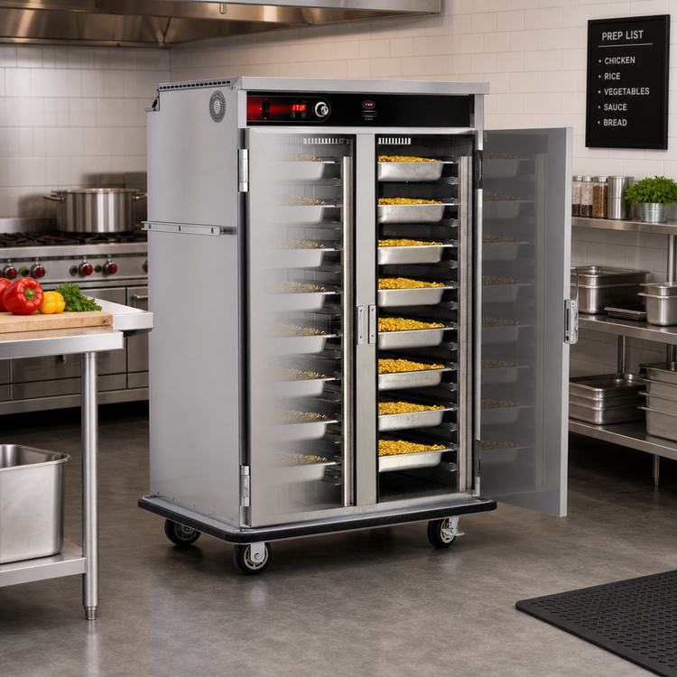 Product image #2 for Mobile Double-Compartment Stainless Steel Heated Holding Cabinet, 32 Full-Size Pan Capacity