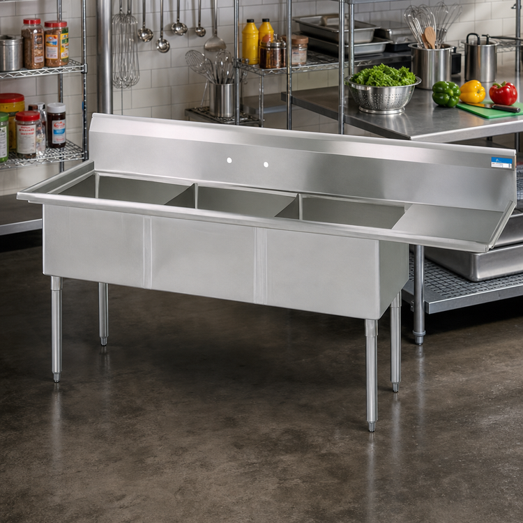 Product image #2 for BK Resources Three-Compartment Stainless Steel Sink with 15-Inch Right-Hand Drainboard, 15 x 15 x 14 Inch Bowls
