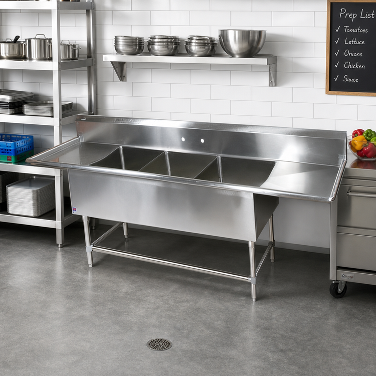 Product image #2 for John Boos Pro-Bowl 3-Compartment Sink with Dual Drainboards, 16-Gauge Stainless Steel, 87-1/4 Inch Wide