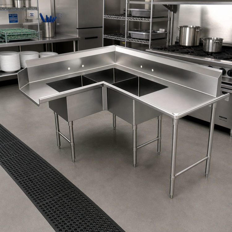 Product image #2 for Advance Tabco 96-Inch Left-Hand Corner Dishtable with 3-Compartment Sink and 48-Inch Drainboard