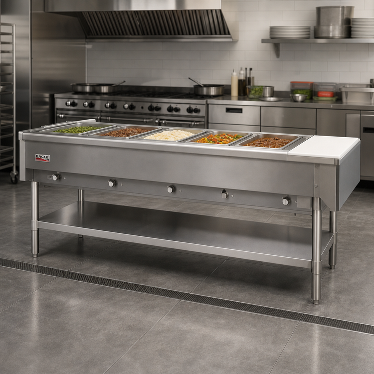 Product image #2 for Eagle Group 79-Inch Liquid Propane Hot Food Table with 5 Dry Wells, Open Base, Stainless Steel Top, and Cutting Board