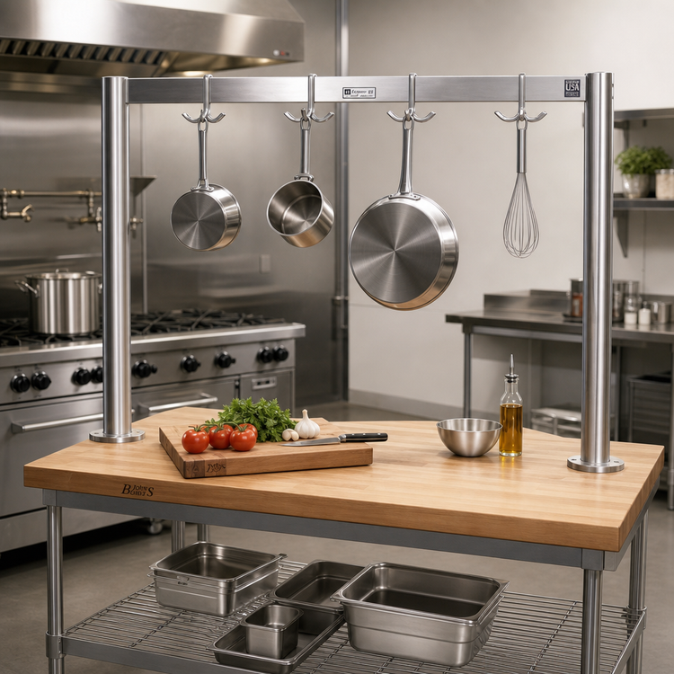 Product image #2 for John Boos Table-Mounted Single-Bar Stainless Steel Pot Rack with 4 Double Hooks