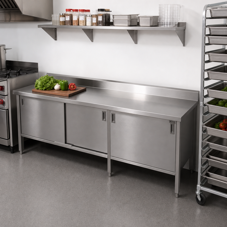 Product image #2 for John Boos Enclosed Base Stainless Steel Work Table with Sliding Doors, 120 x 24 Inches, 5-Inch Backsplash