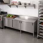 Thumbnail image #2 for John Boos EBSS6R5-24120 Enclosed Base Stainless Steel Work Table with Sliding Doors, 120 x 24 in., 16-Gauge 300-Series Top, 5-Inch Backsplash