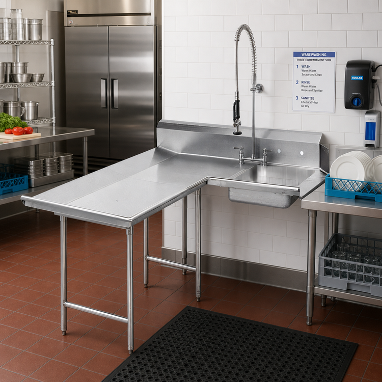 Product image #2 for Advance Tabco L-Shaped Left-Hand Dishlanding Soil Dishtable with Pre-Rinse Sink, 71 Inches Long, 14 Gauge 304 Stainless Steel