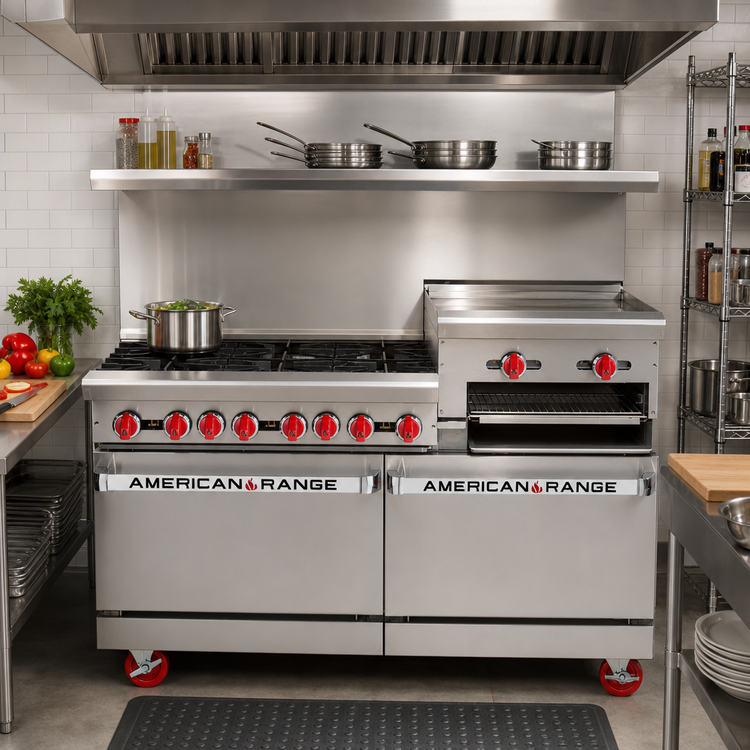 Product image #2 for American Range 60-Inch Gas Restaurant Range with 6 Open Burners, 24-Inch Raised Griddle/Broiler, Left Convection Oven, and Right Storage Base