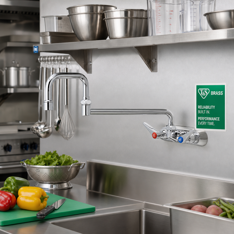 Product image #2 for T&S Brass Wall-Mount Workboard Mixing Faucet with 18" Double Joint Swing Nozzle, 4" Centers, 2.2 GPM
