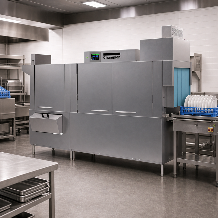 Product image #2 for Champion 100 PRO-HR Pro Series 2-Tank High-Temperature Steam Rack Conveyor Dishwasher with Heat Recovery, 348 Racks/Hour