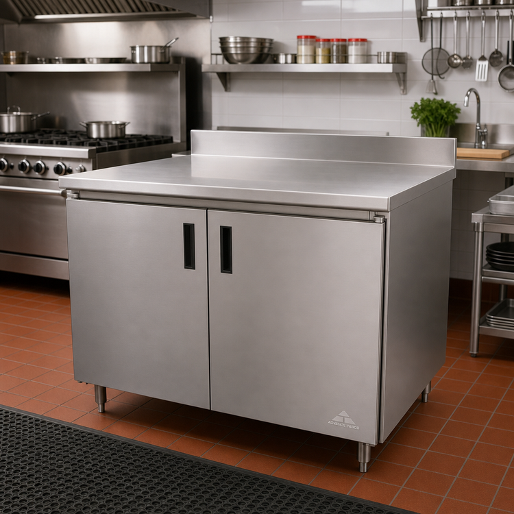 Product image #2 for Advance Tabco Special Value 60-Inch x 30-Inch Enclosed Stainless Steel Work Table with Cabinet Base, Hinged Doors, and 5-Inch Backsplash