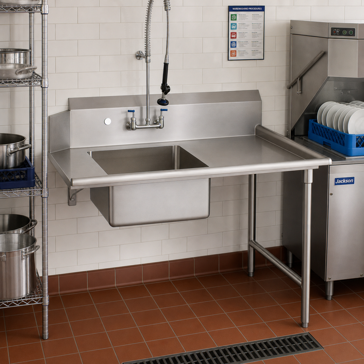 Product image #2 for John Boos Soiled Straight Dish Table with 20 x 20 x 8 Inch Pre-Rinse Sink, Right-to-Left Operation
