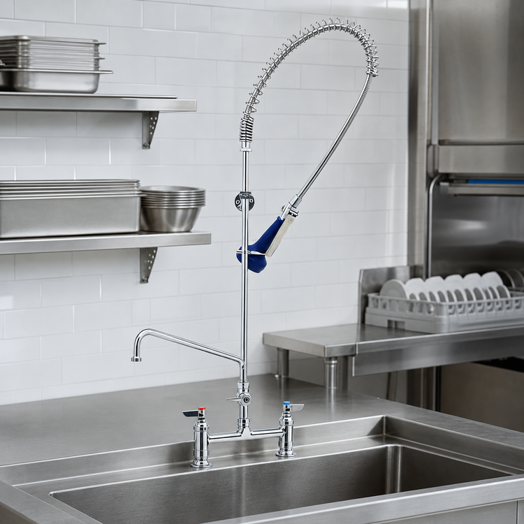 Product image #2 for T&S Brass EasyInstall Deck-Mount Pre-Rinse Unit with Spring Gooseneck, Add-On Faucet, 8-Inch Adjustable Centers, 0.65 GPM Spray Valve