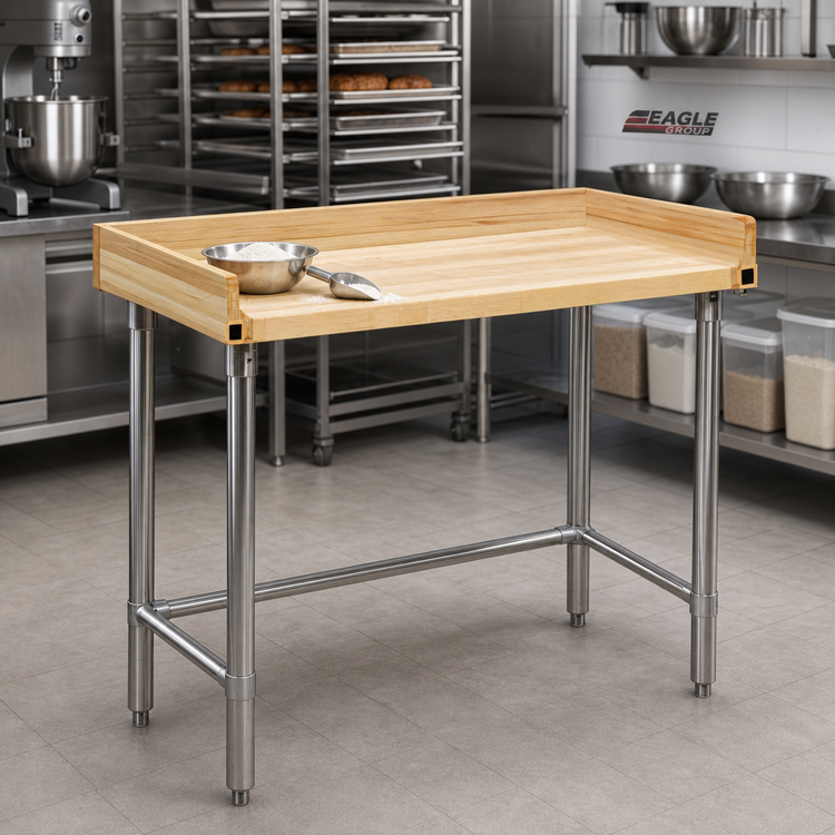 Product image #2 for Eagle Group 60" x 30" Baker's Top Work Table with 1-3/4" Hardwood Top, 4" Side and Rear Splash, Stainless Steel Base