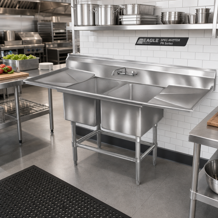 Product image #2 for Eagle Group Spec-Master FN Series Coved Corner Two-Compartment Sink with Right-Hand 30-Inch Drainboard