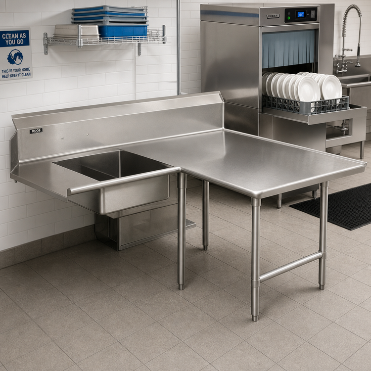 Product image #2 for John Boos Pro-Bowl L-Shaped Soiled Landing Dishtable with 10-Inch Landing Shelf, Right-to-Left, 70-Inch Machine-to-Corner x 120-Inch Corner-to-End