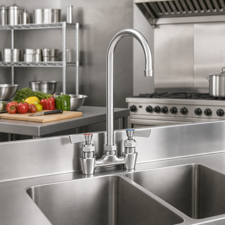 Product image #2 for Fisher Stainless Steel 4-Inch Center Backsplash Mount Faucet with 12-Inch Swivel/Rigid Gooseneck Spout and Lever Handles