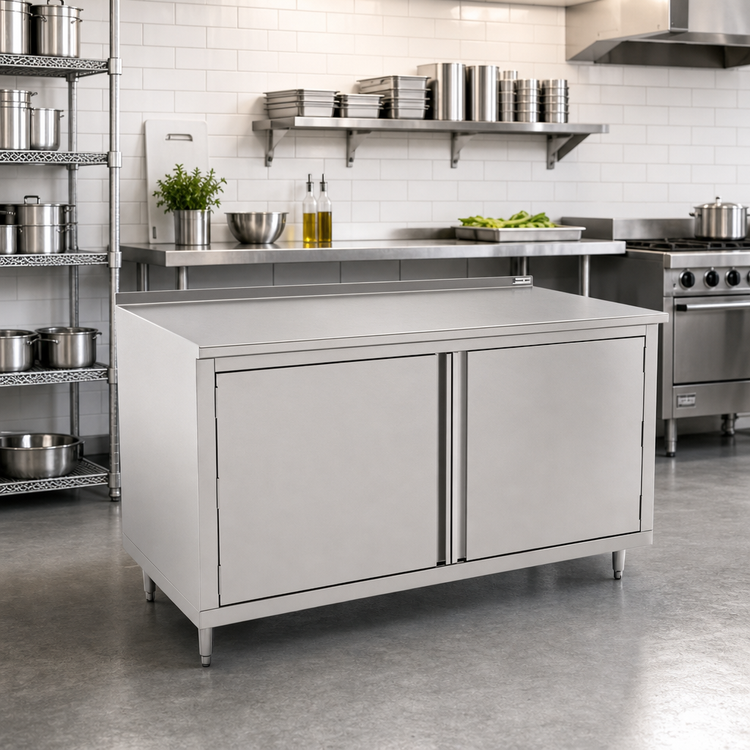 Product image #2 for John Boos 84" x 30" Enclosed Cabinet Base Stainless Steel Work Table with Hinged Doors and 1-1/2" Rear Riser