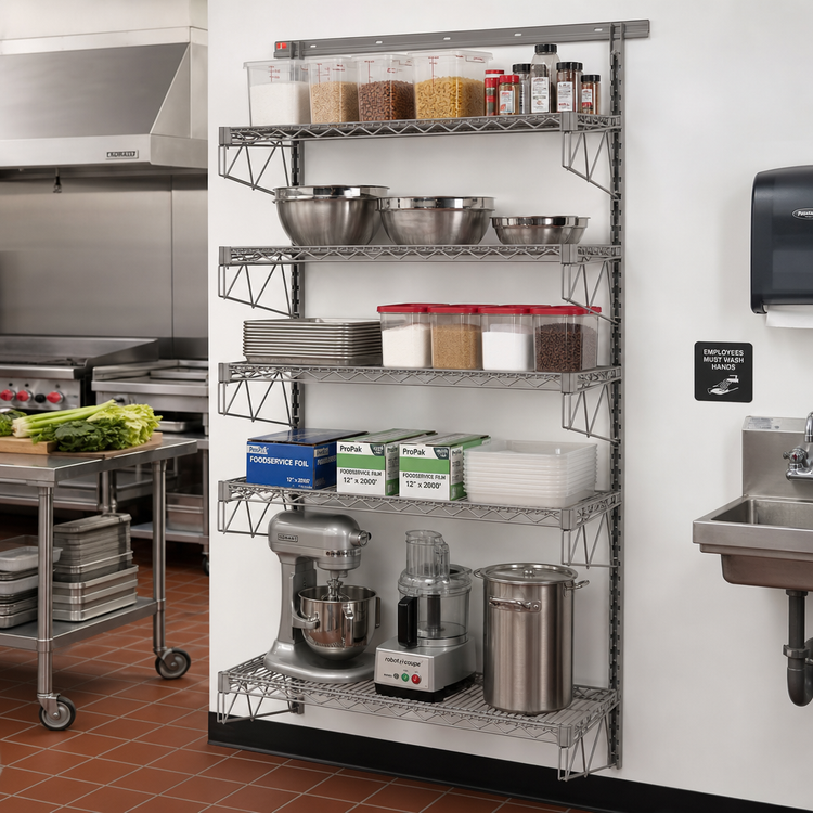 Product image #2 for Metro SmartWall Tall Wall-Mounted Starter Shelving Kit, 5 Wire Shelves, Metroseal Gray