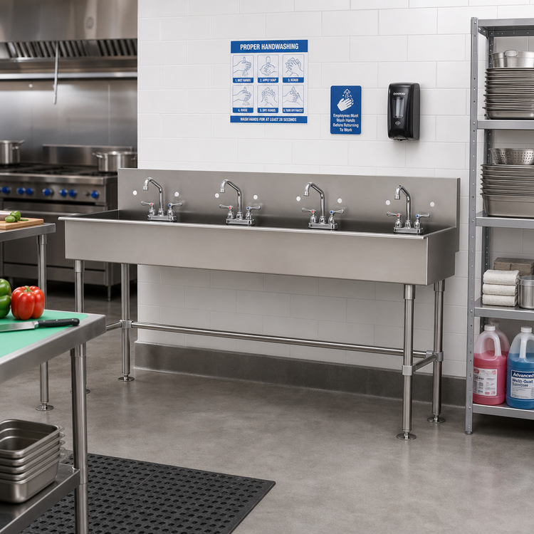 Product image #2 for Advance Tabco 80-Inch Freestanding Multi-Station Hand Wash Sink with 8-1/2-Inch Backsplash and 4 Faucet Hole Sets
