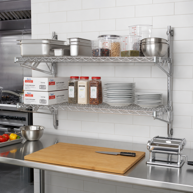 Product image #2 for Advance Tabco Special Value Series 2-Tier Adjustable Wall-Mount Wire Shelving Post & Brackets for 18-Inch Deep Shelves