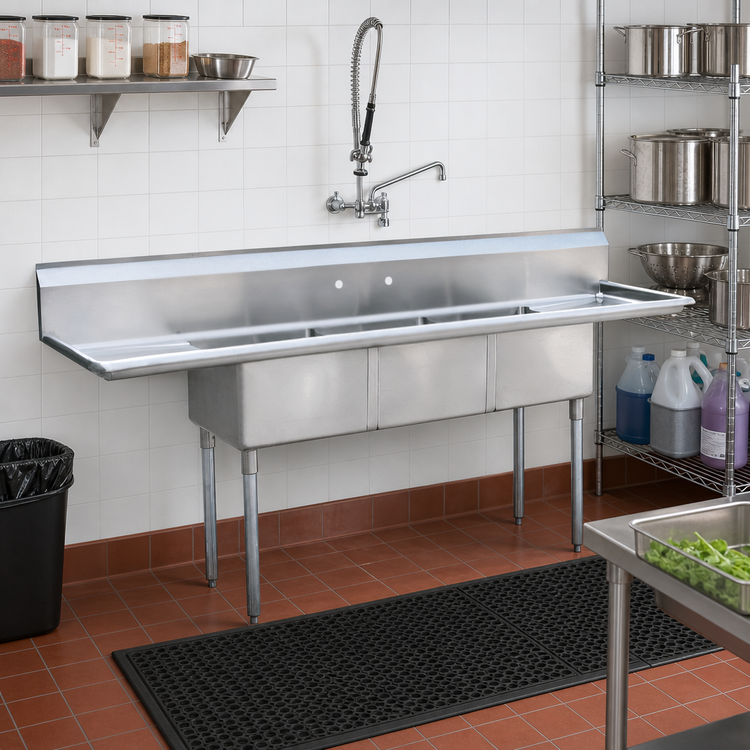 Product image #2 for MixRite Freestanding 3-Compartment Stainless Steel Sink with Left and Right Drainboards, 90-Inch Wide