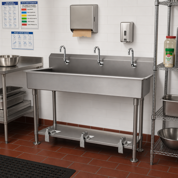 Product image #2 for Advance Tabco 60-Inch 3-Station Freestanding Multiwash Hand Sink with Toe-Push Valves and Gooseneck Spouts