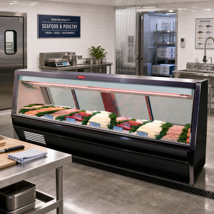 Product image #2 for Howard-McCray 40E Series 12-Foot Remote Fish & Poultry Service Case, 148-1/2 Inch Wide, Straight Glass, Black Exterior/White Interior, LED