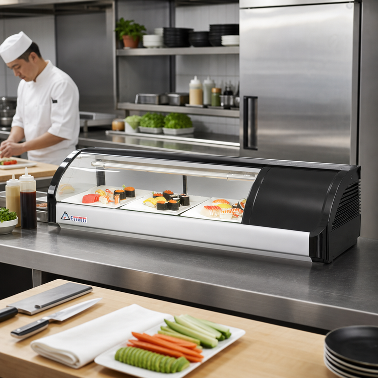 Product image #2 for Everest Refrigeration Countertop Refrigerated Sushi Display Case, 47-1/4 Inch, Curved Glass, Right-Mounted Self-Contained Refrigeration