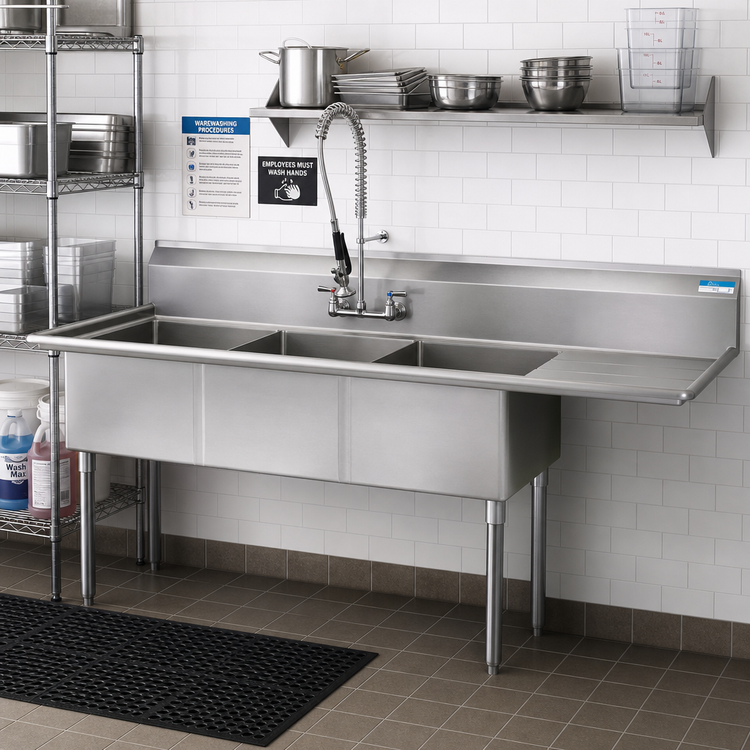 Product image #2 for BK Resources Three-Compartment Stainless Steel Sink with Right Drainboard, 18" x 24" x 14" Bowls