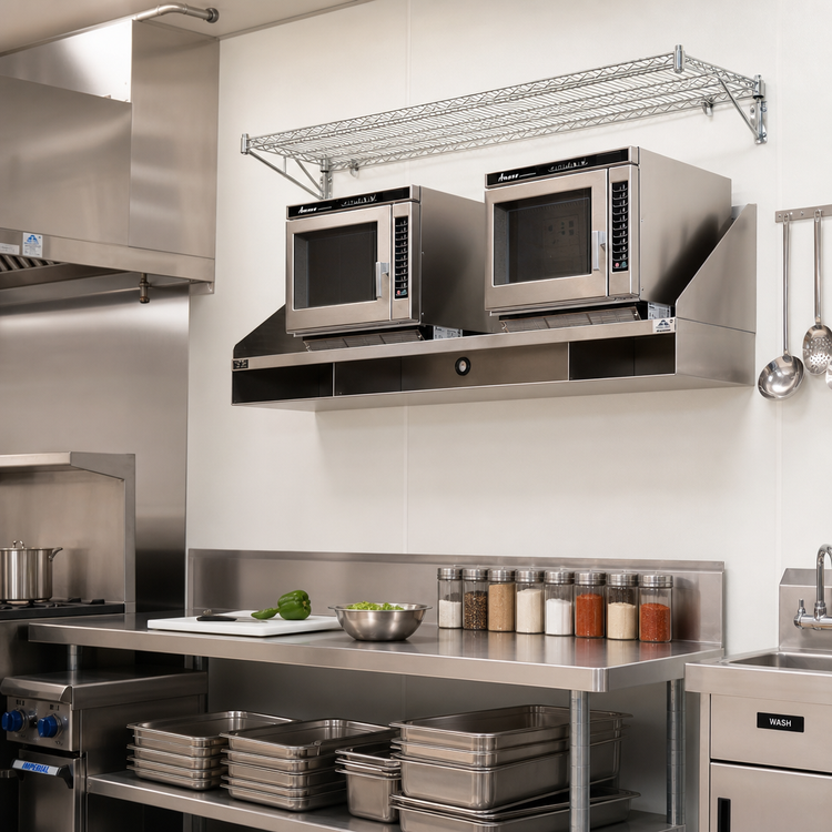 Product image #2 for Advance Tabco 24" x 24" Wall-Mounted Stainless Steel Multi-Station Shelf with 16" Backsplash and Partitioned Undershelf
