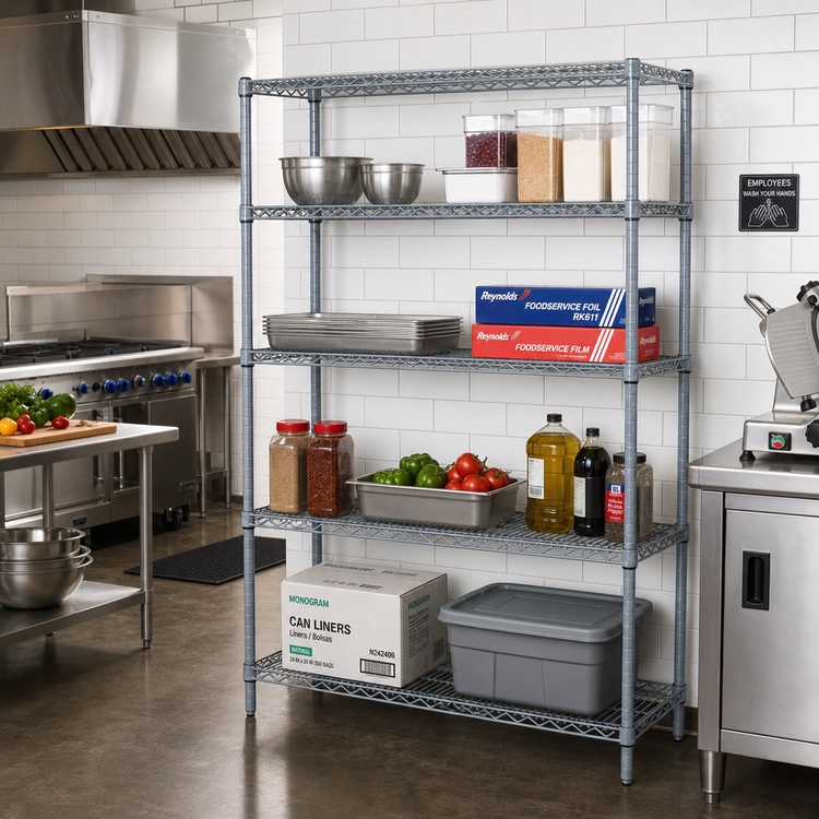 Product image #2 for Quantum 4-Shelf Stationary Wire Shelving Starter Kit, 60"W x 24"D x 74"H, Gray Epoxy Antimicrobial Finish