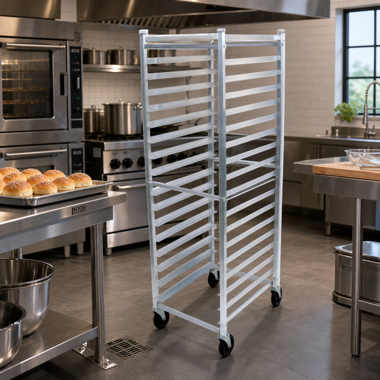 Product image #2 for John Boos Front-Load Mobile Aluminum Bun Pan Rack, 20 Pan Capacity, 3-Inch Spacing