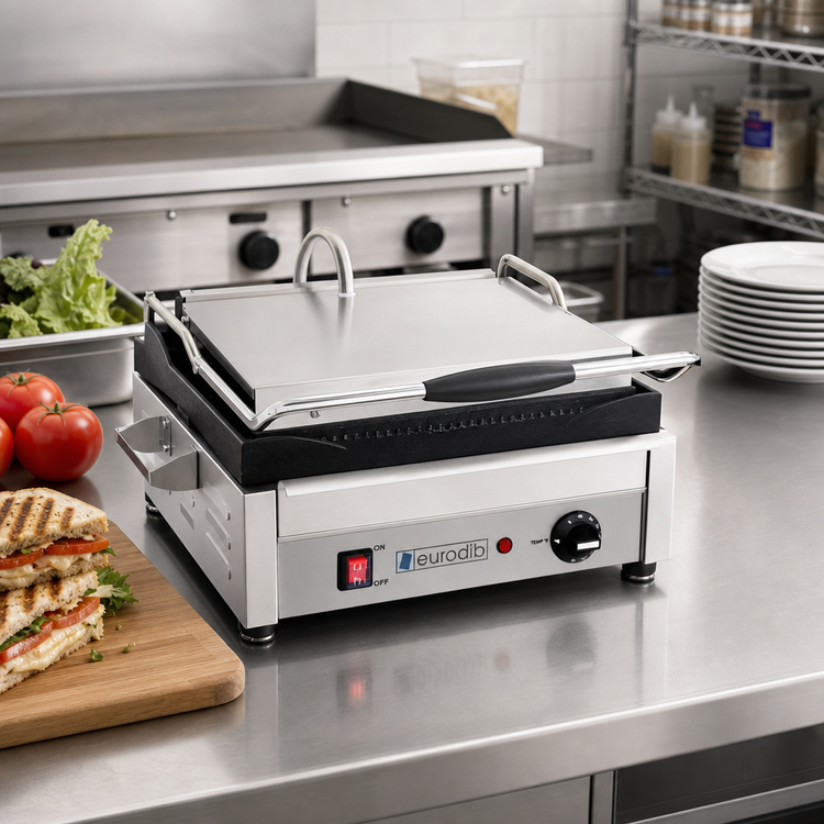 Product image #2 for Eurodib Commercial Countertop Single Panini Press with Ribbed Cast Iron Plates, 14 x 10 Inches, 120V