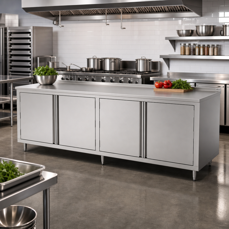 Product image #2 for John Boos Cabinet Base Enclosed Work Table with Hinged Doors, 132 in. W x 24 in. D, 14-Gauge Type 300 Stainless Steel Top, 1-1/2 in. Rear Riser
