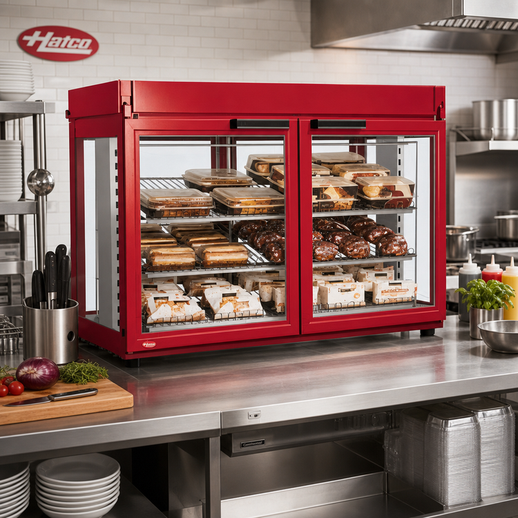 Product image #2 for Hatco Flav-R-Savor 48-Inch Large Capacity Non-Humidified Countertop Hot Food Merchandising Cabinet with 2 French Doors and 3-Shelf Rack