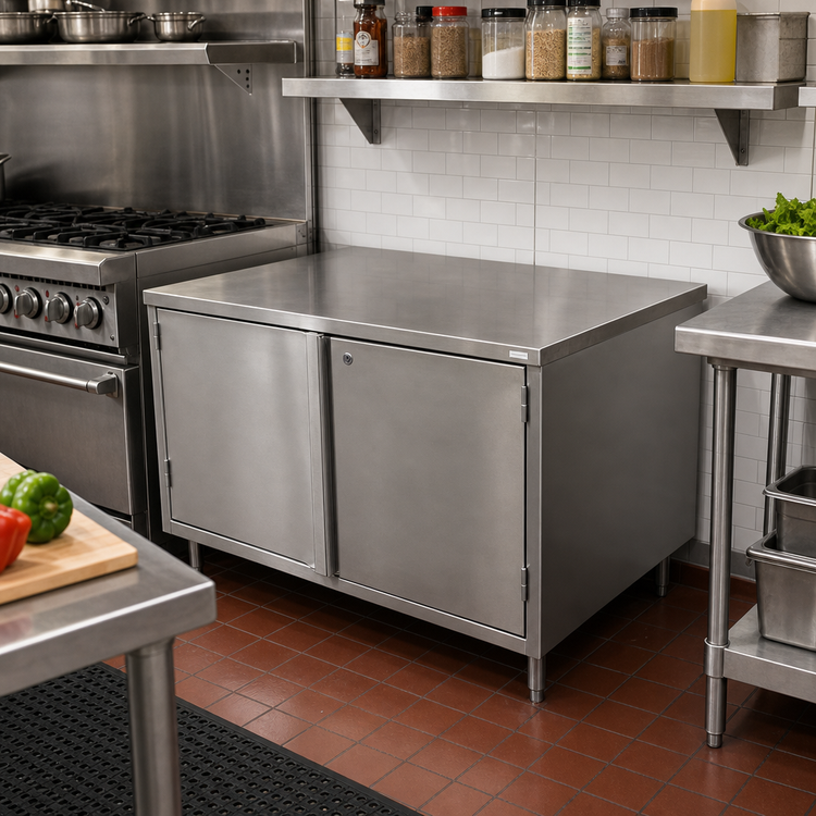 Product image #2 for BK Resources 36-Inch x 30-Inch Stainless Steel Chef Table with Cabinet Base and Locking Hinged Doors