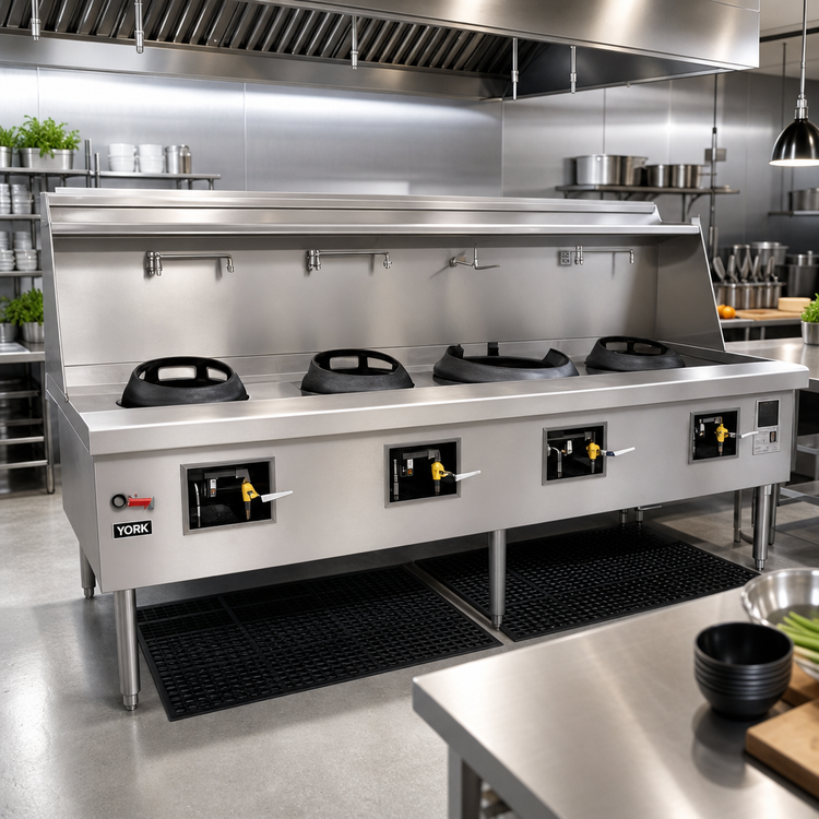 Product image #2 for York Four-Chamber Gas Wok Range with Water-Cooled Top and Stainless Steel Deck and Sides