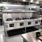 Thumbnail image #2 for Town Equipment York Y-4-SS Four-Chamber Gas Wok Range with Water-Cooled Top, Chinese Swing Faucets & Stainless Steel Deck and Sides