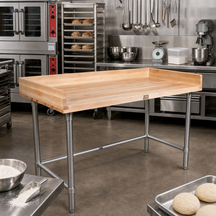 Product image #2 for John Boos 96-Inch Baker's Top Work Table with Maple Top, Stainless Steel Legs, and 4-Inch Coved Riser