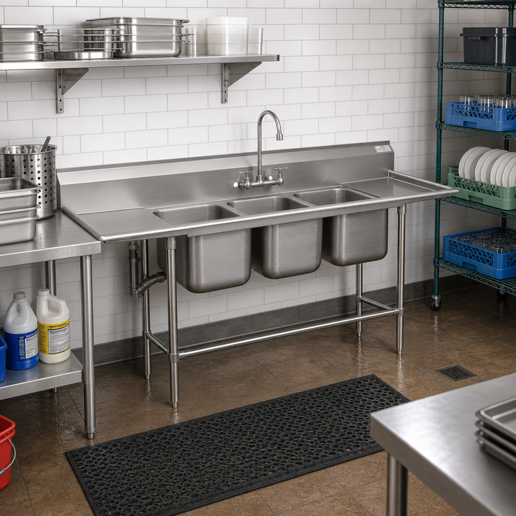 Product image #2 for Advance Tabco Regaline 3-Compartment Sink with Left & Right Drainboards, 20 x 28 Bowls