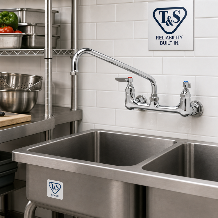Product image #2 for T&S Brass Double Pantry Wall-Mount Mixing Faucet with 18-Inch Swivel Nozzle, 8-Inch Centers