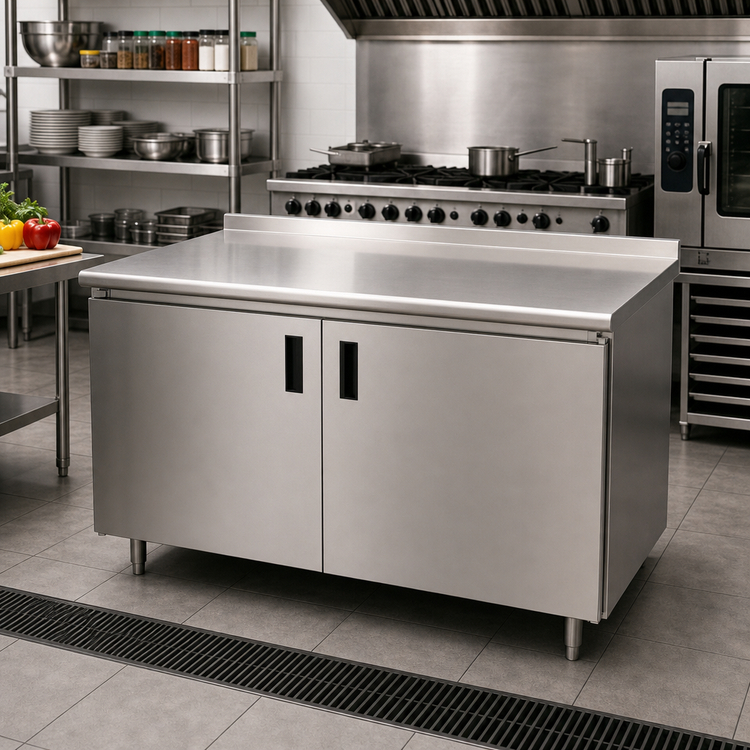 Product image #2 for Advance Tabco 72 x 36 Inch Enclosed Stainless Steel Work Table with Cabinet Base, Mid-Shelf, Hinged Doors
